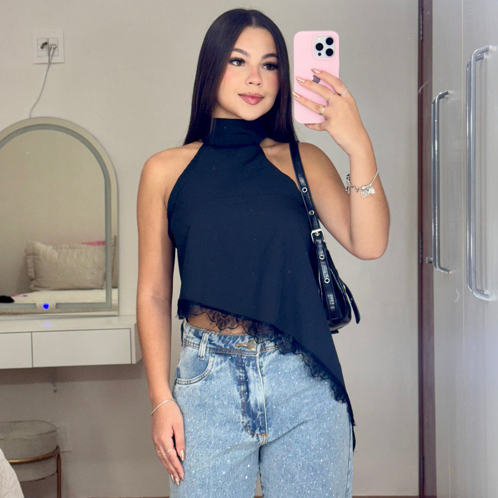 Blusa Regata Assimétrica com Renda - Preto - Alany Boutique