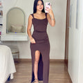 Vestido Longo Com Fenda Suplex - Marrom Café - Alany Boutique