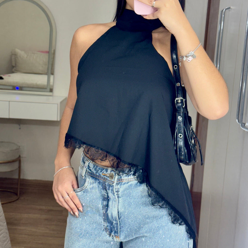 Blusa Regata Assimétrica com Renda - Alany Boutique