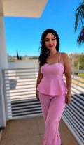 Conjunto Feminino Susane Rosa Sensorial Amarant com Blusa Peplum Corset e Calça Pantalona - Alany Boutique