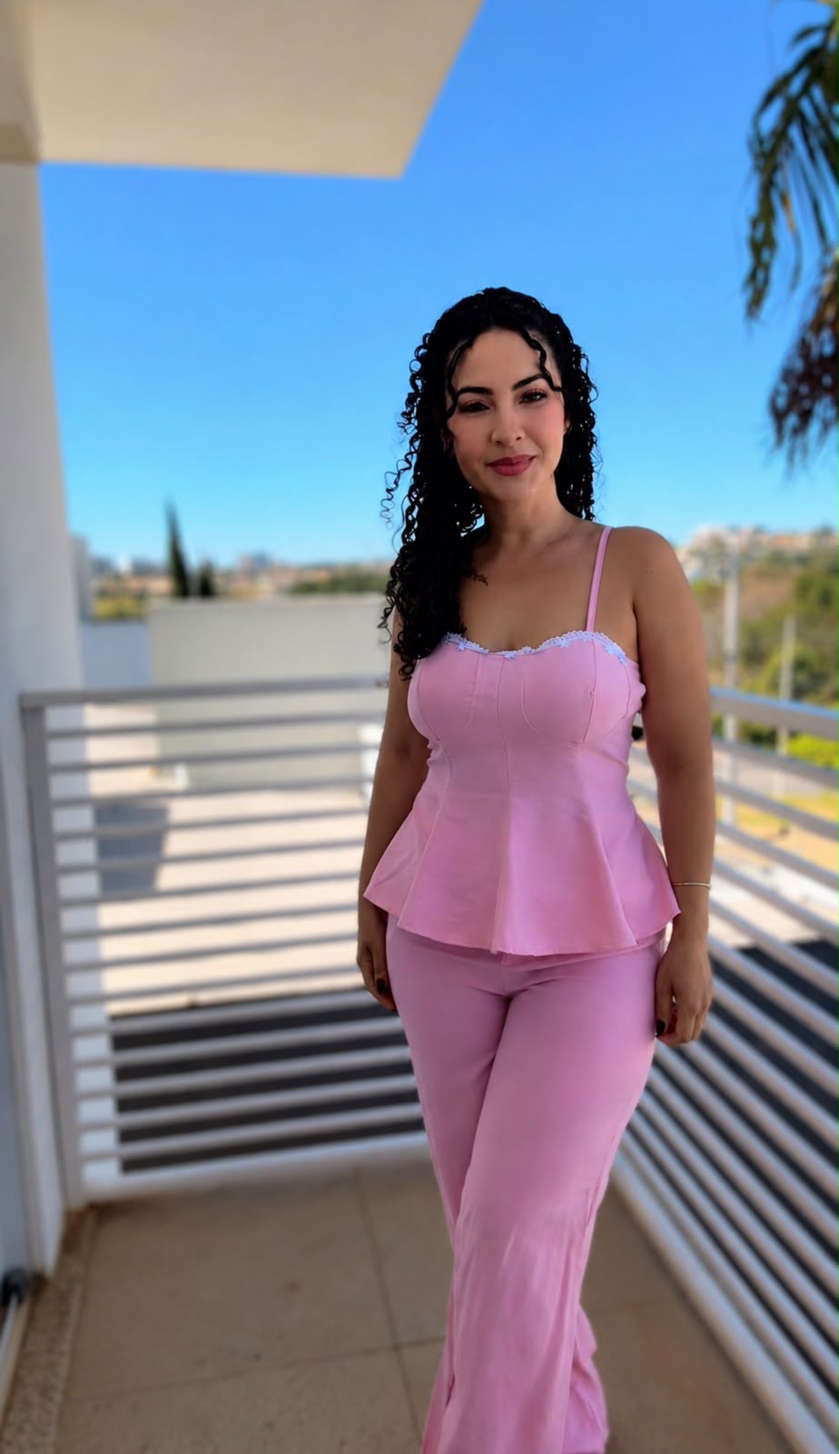 Conjunto Feminino Susane Rosa Sensorial Amarant com Blusa Peplum Corset e Calça Pantalona - Alany Boutique