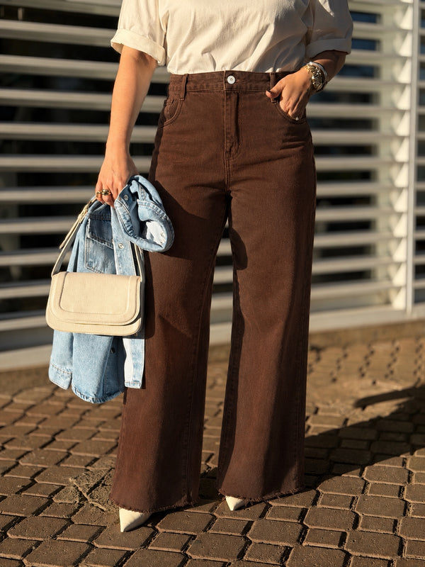 Calça Feminina Wide Leg Jeans Marrom Charlote