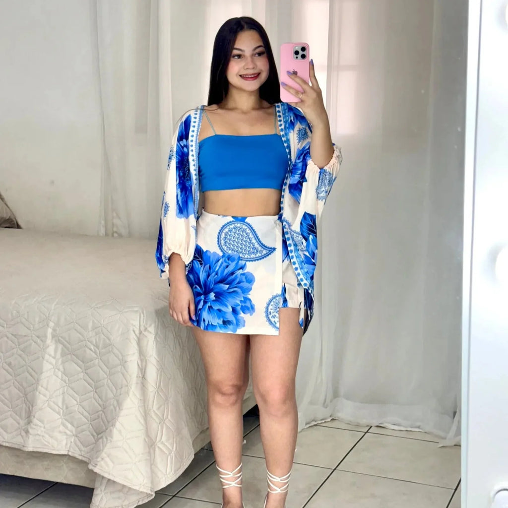 Conjunto Shorts Saia + Kimono - Alany Boutique