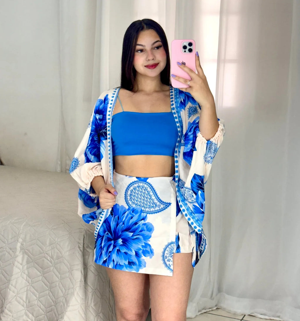Conjunto Shorts Saia + Kimono - Alany Boutique