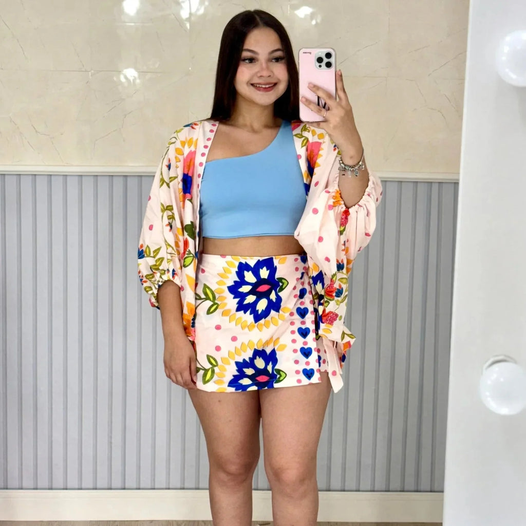 Conjunto Shorts Saia + Kimono - Alany Boutique