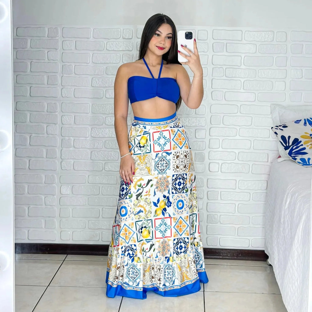 Conjunto Cropped + Saia Longa Summer - Jeans Azul - Alany Boutique